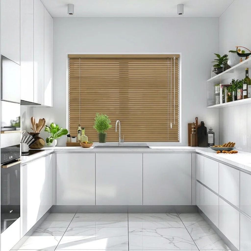 03 · Visualisation: White kitchen visualisation with closed brown Venetian blinds on the window.