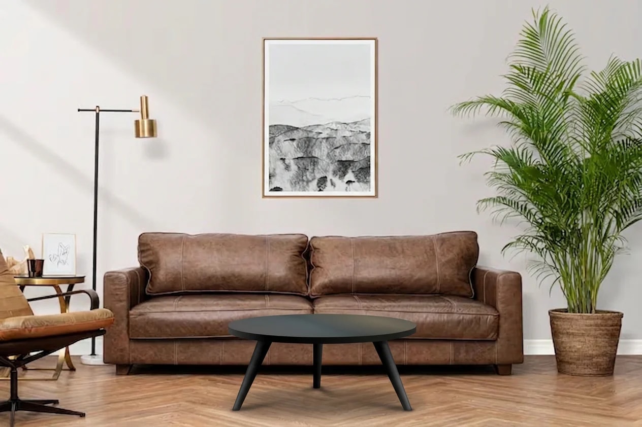 Black coffee table visualisation: Living room visualisation with a black coffee table in front of the sofa.