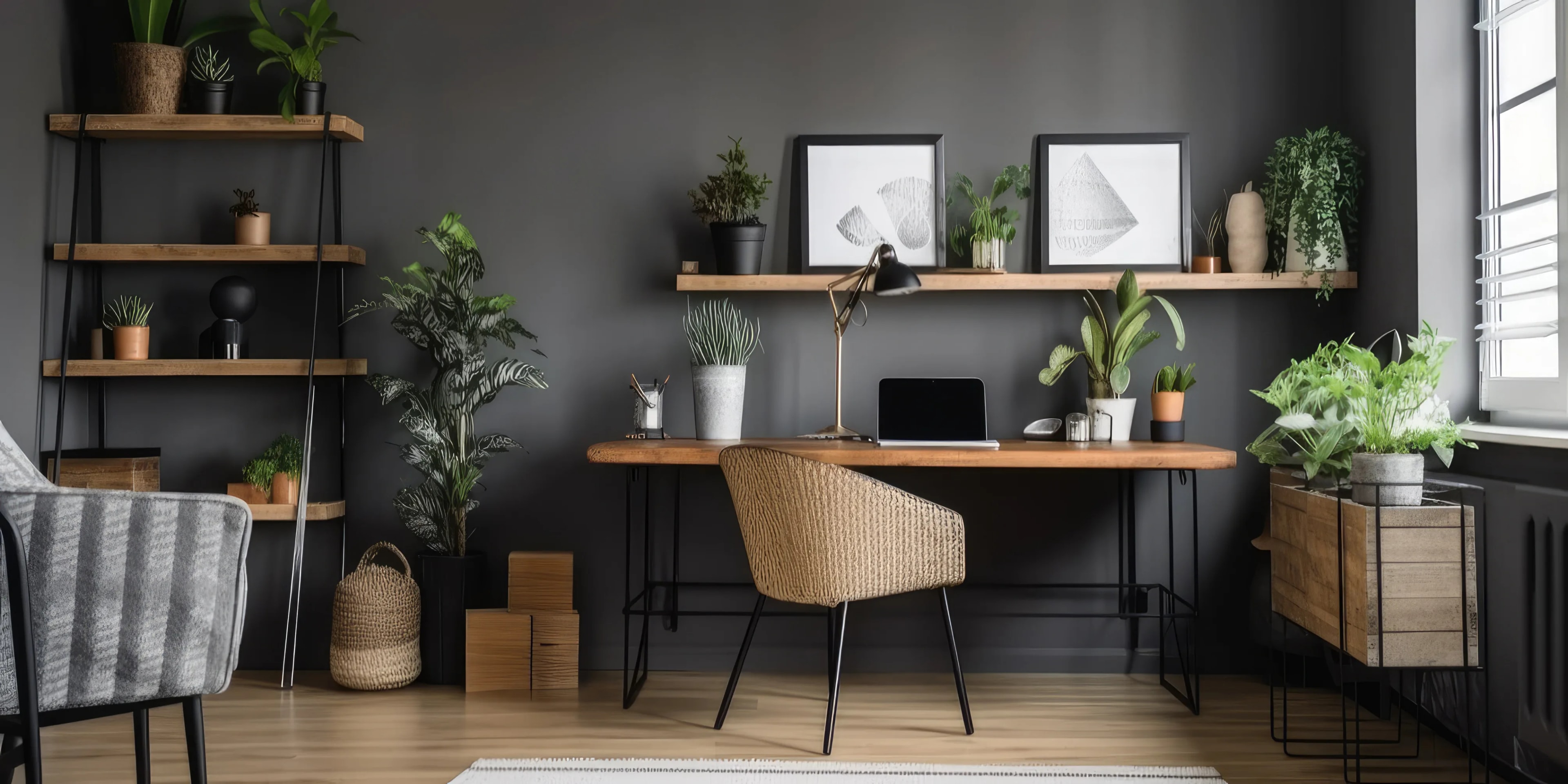 01 · Room photo: Customer office with desk, plants, shelving, and natural window light.