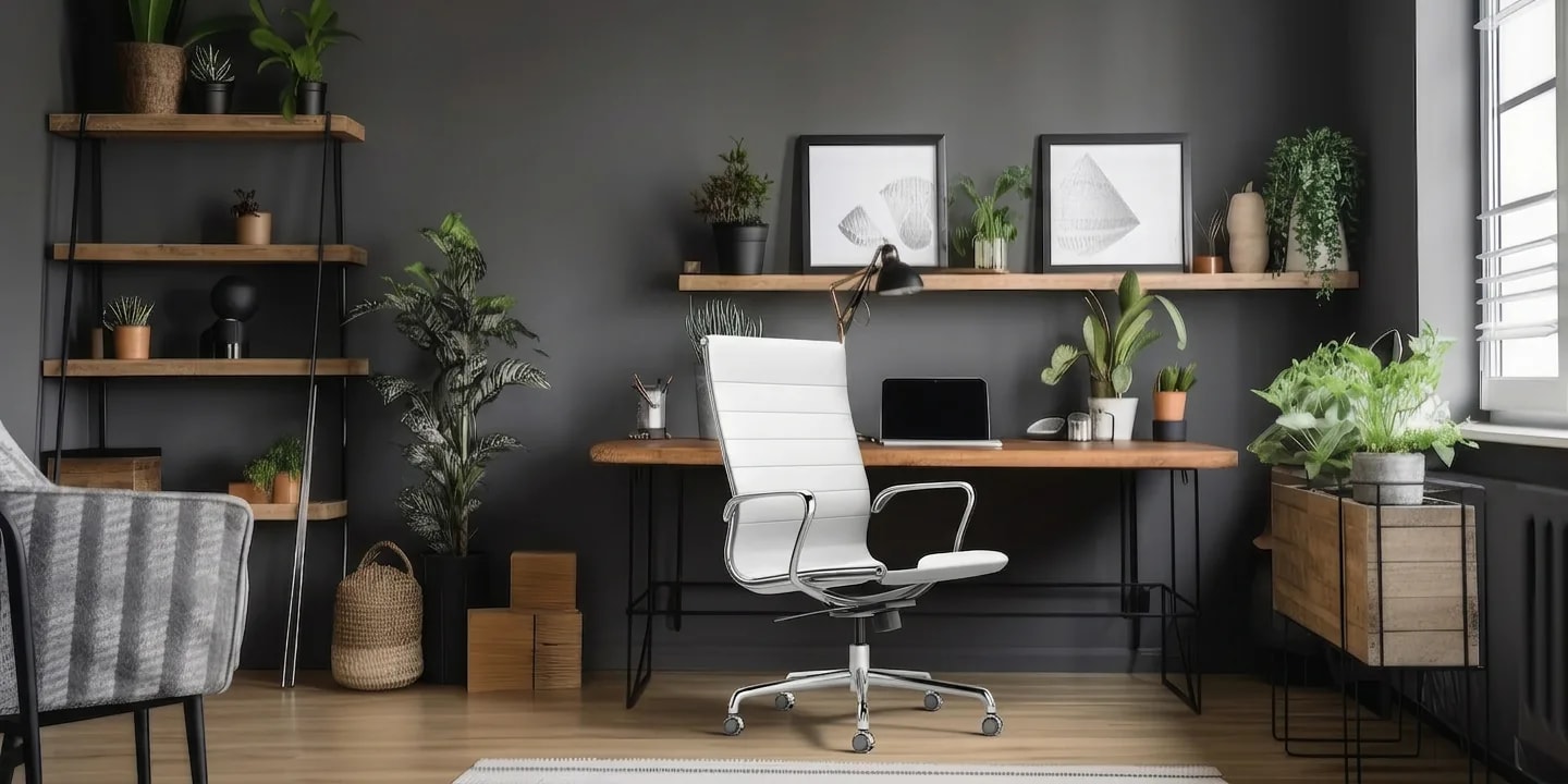02 · Visualised: Office visualisation with the selected plant placed naturally in the workspace.